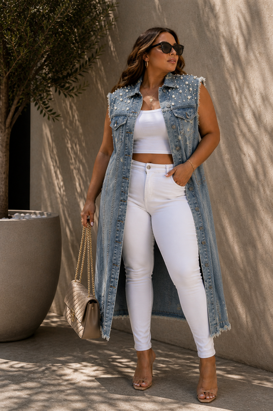 Curve Glow Studded Denim Vest